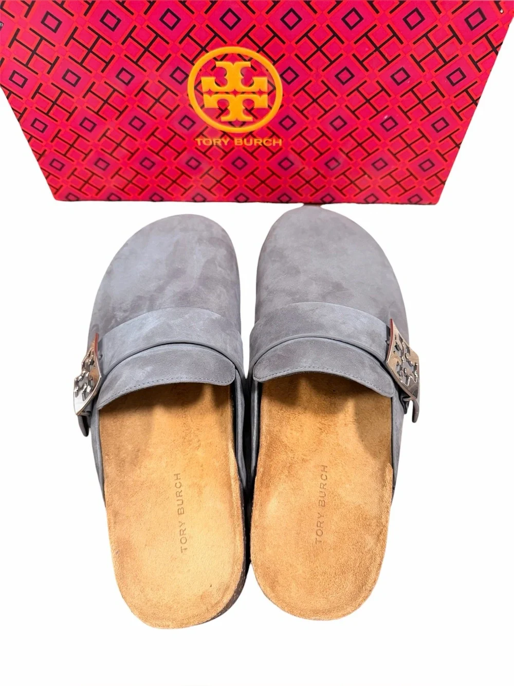 Tory Burch Mellow Mule Charcoal Gray/Silver Suede Slip-On Clogs NWT 7